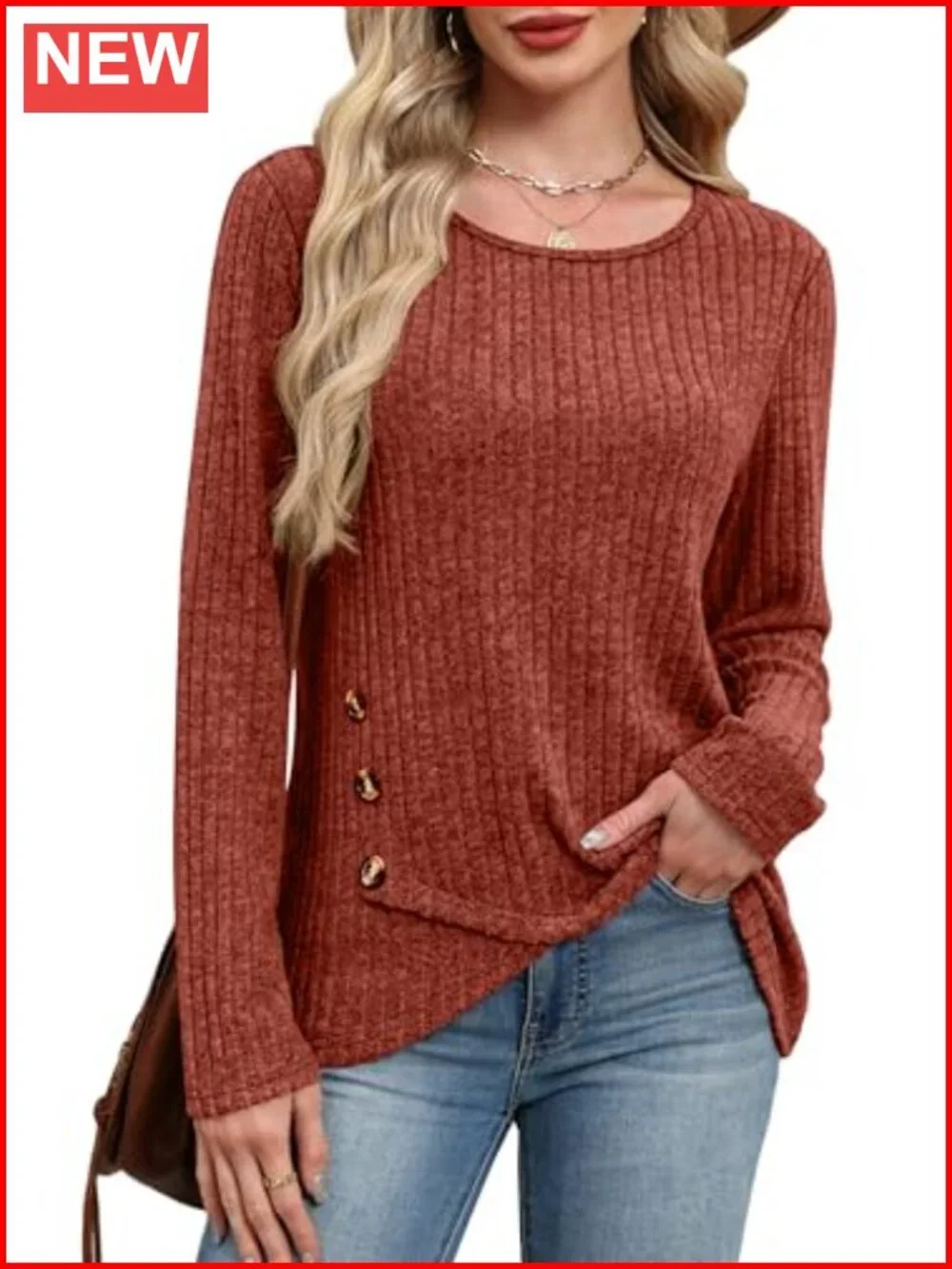 Tunic Sweater Women Long Sleeve Crew Neck Button Detail Top